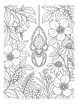 A detailed spider coloring page featuring an arachnid hanging on silk among lush floral blooms.