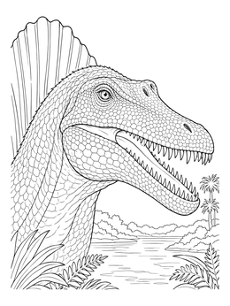 A realistic spinosaurus coloring page featuring intricate scales, sharp teeth, and a prehistoric river landscape.
