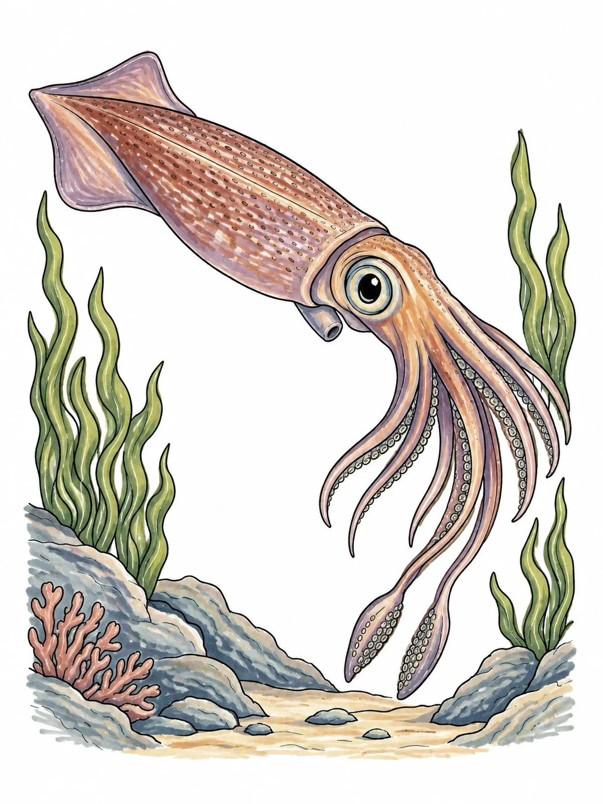 Colored example of the Detailed Squid Swimming Near Ocean Floor coloring page