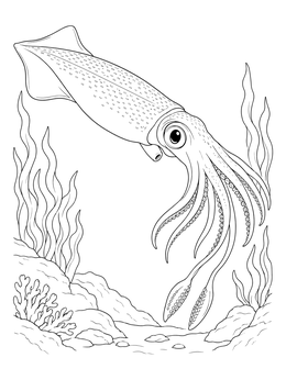 Detailed squid coloring page showing tentacles, siphon, and seabed corals.