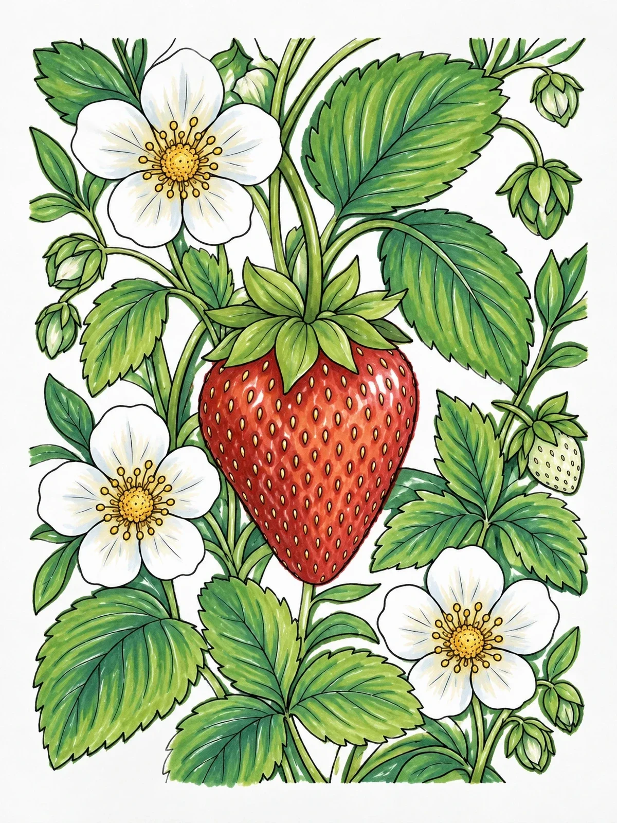 Colored example of the Detailed Strawberry Plant With Blossoms coloring page