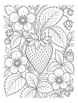 Detailed strawberry coloring page with ripe fruit, flowers, and leaves.