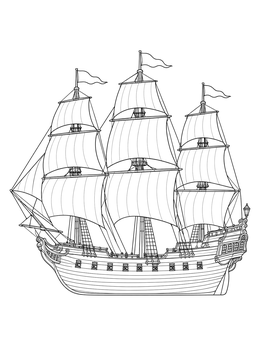 A detailed pirate ship coloring page showing a majestic three-masted wooden vessel with full sails.