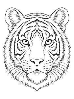 A detailed tiger coloring page showing a close-up of the big cat's face.