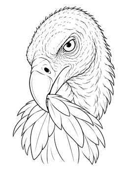 A close-up vulture coloring page showing a detailed head with sharp beak and plumage.