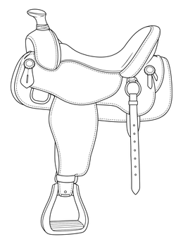 A detailed Western saddle coloring page with horn, stirrup, and leather straps.
