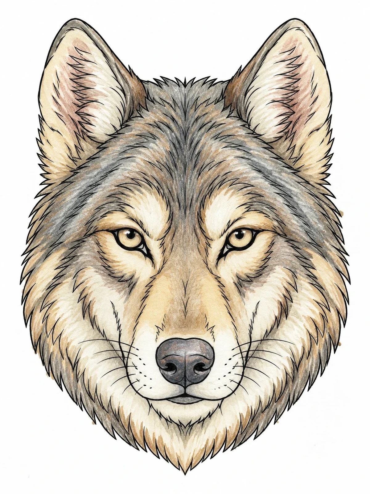 Colored example of the Detailed Wolf Head Portrait coloring page