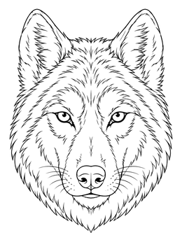 A detailed wolf coloring page featuring a symmetrical front portrait of a wild wolf.