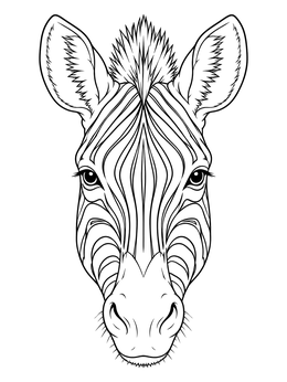 A detailed zebra coloring page showing a close-up portrait of the animal's striped face.