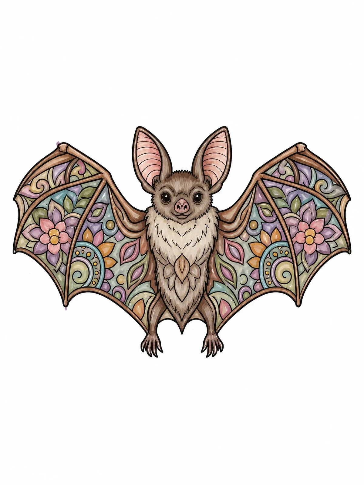 Colored example of the Detailed Zentangle Bat With Floral Wings coloring page