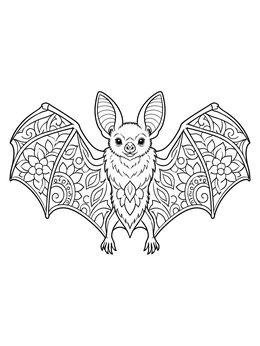 A detailed bat coloring page featuring intricate floral and mandala patterns inside its wings.
