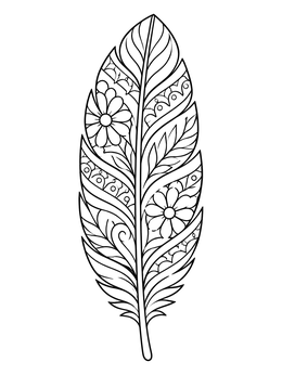 A detailed feather coloring page decorated with flowers, leaves, and patterns.