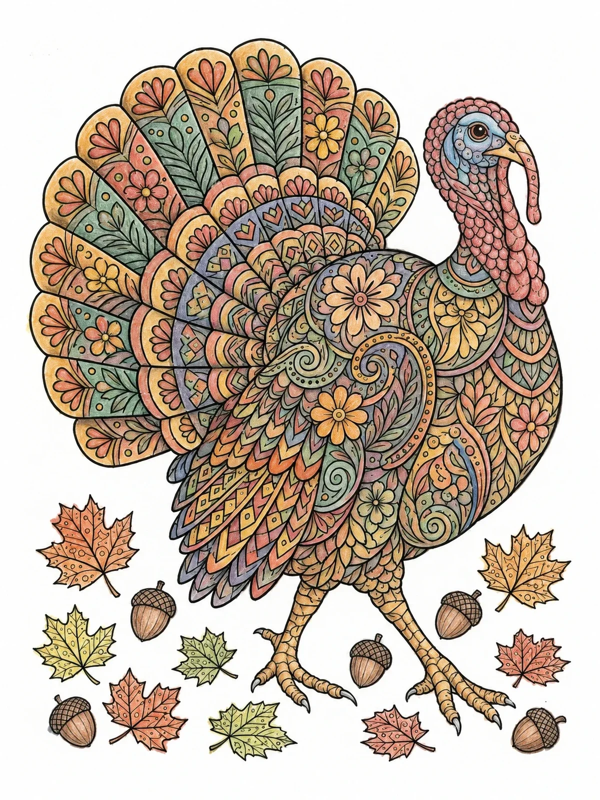 Colored example of the Detailed Zentangle Turkey With Autumn Leaves coloring page