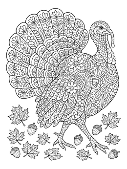 Free printable Detailed Zentangle Turkey With Autumn Leaves coloring page