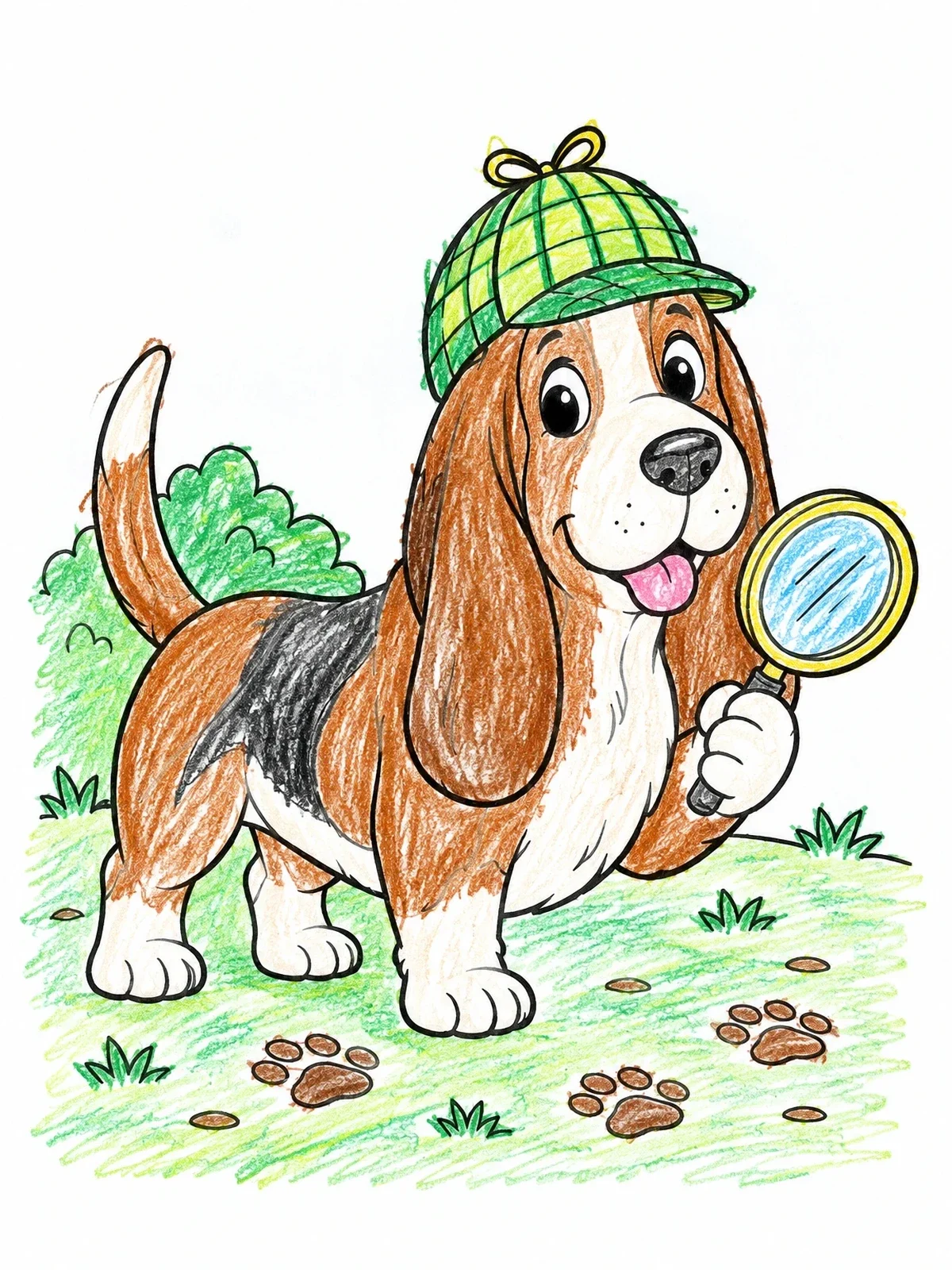 Colored example of the Detective Basset Hound With Magnifying Glass coloring page