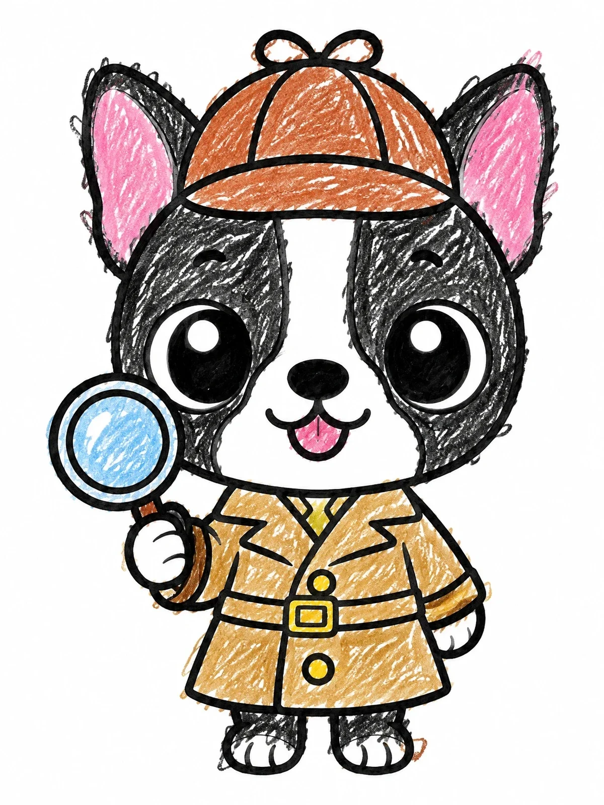 Colored example of the Detective Boston Terrier With Magnifying Glass coloring page