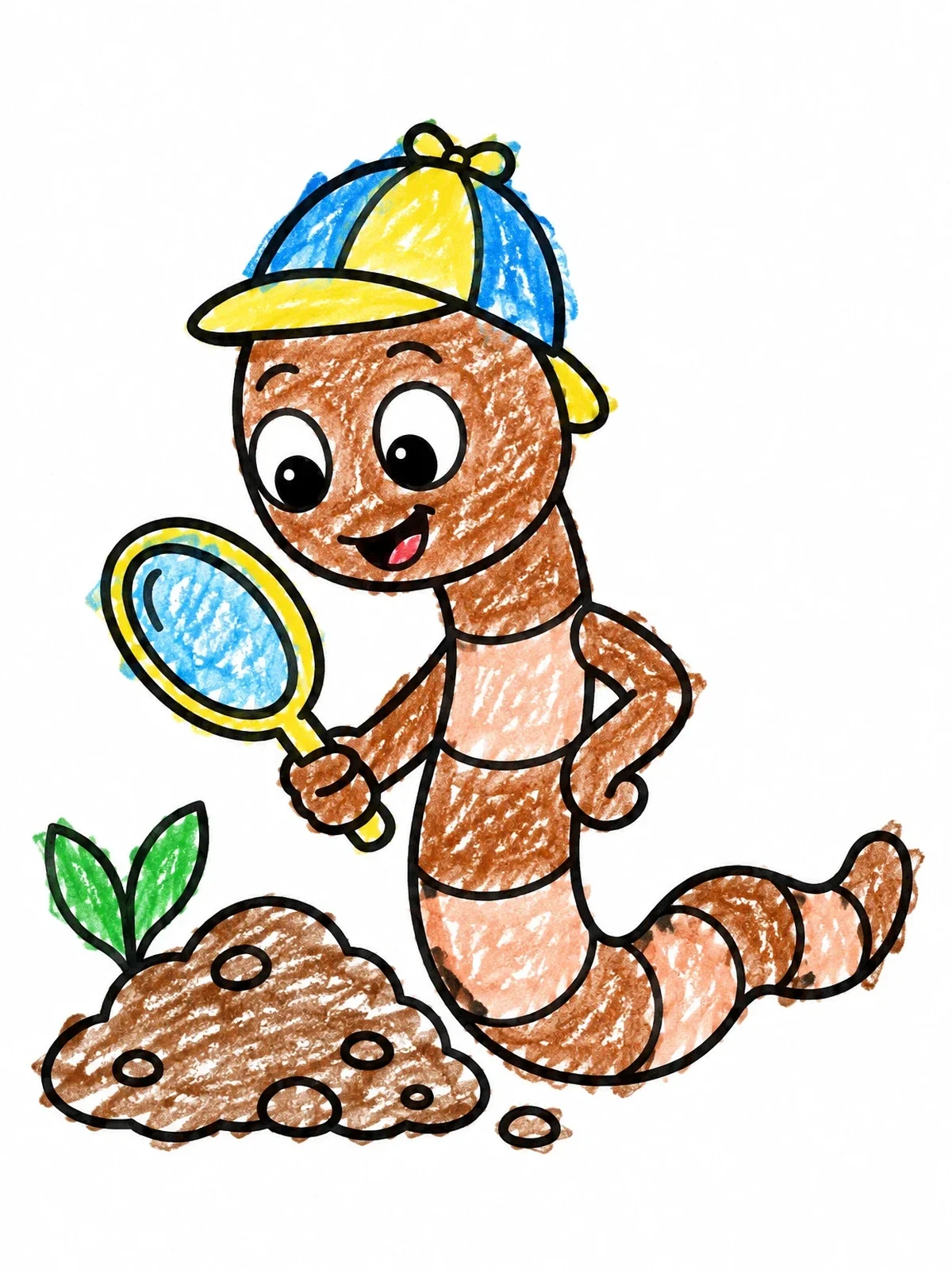 Colored example of the Detective Earthworm Inspecting The Garden coloring page