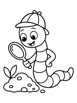 A friendly detective worm coloring page showing an earthworm exploring a mound of soil with a magnifying glass.