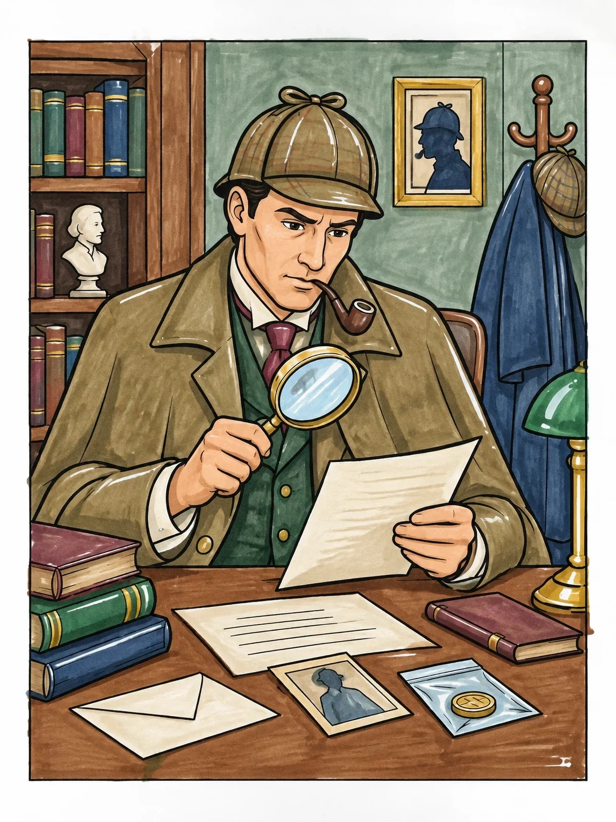 Colored example of the Detective Examining Clues At Desk coloring page