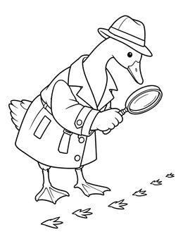 A detective goose coloring page featuring a goose in a trench coat examining tracks with a magnifying glass.
