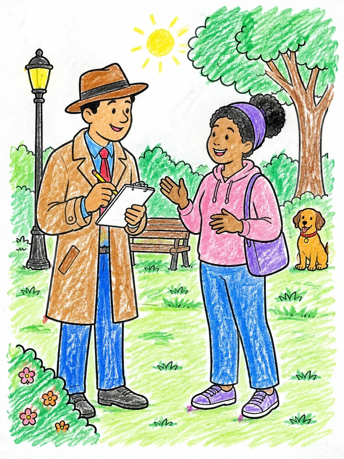 Colored example of the Detective Interviewing A Park Visitor coloring page