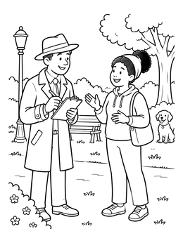 Free printable Detective Interviewing A Park Visitor coloring page