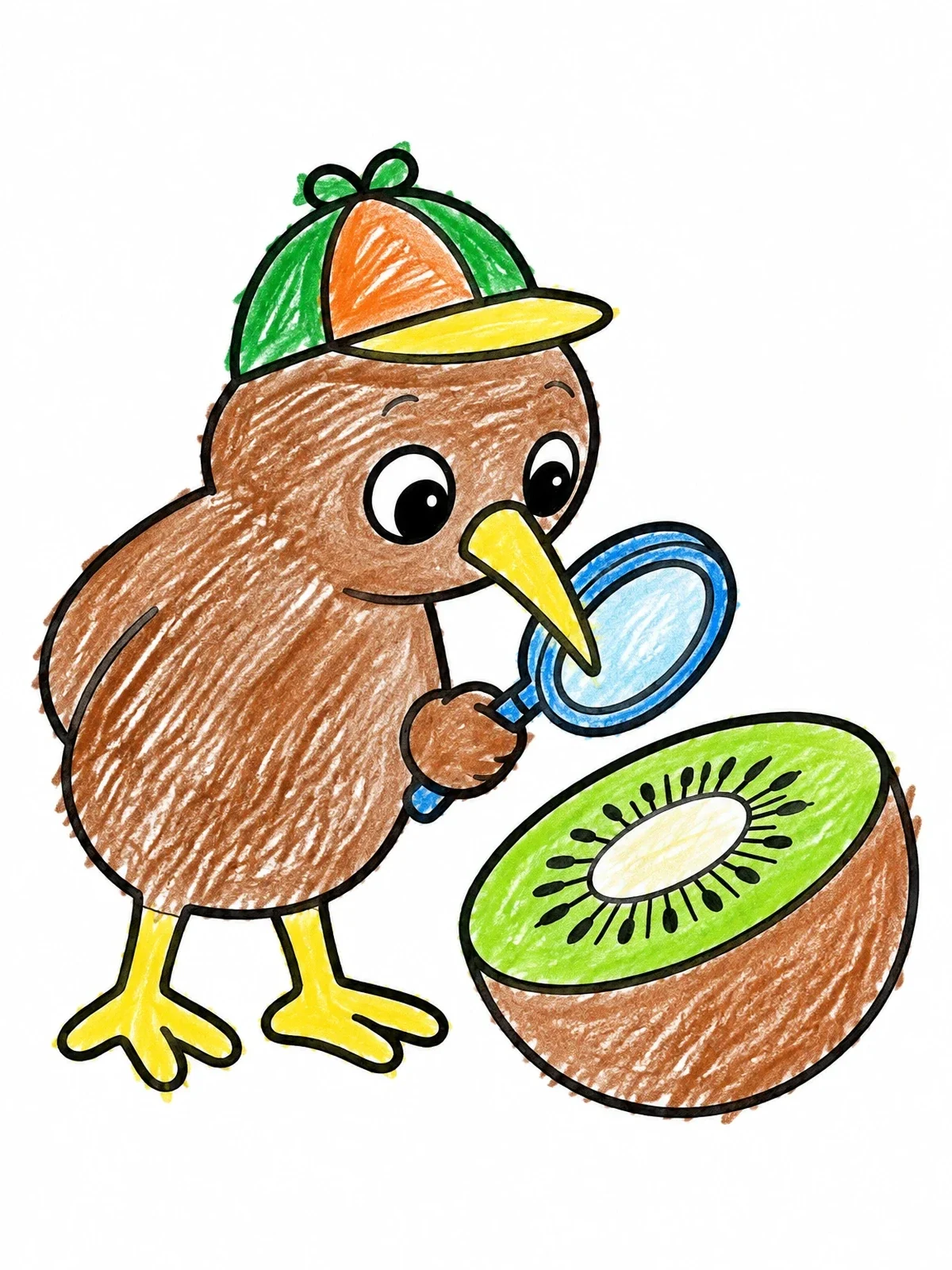 Colored example of the Detective Kiwi Bird With Fruit coloring page