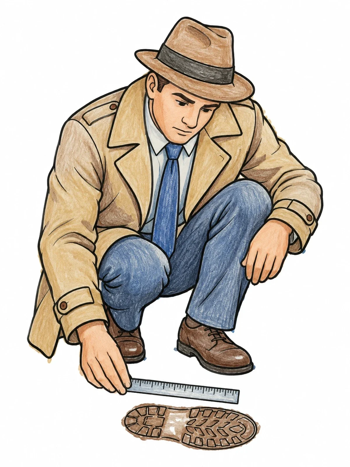 Colored example of the Detective Measuring A Muddy Footprint coloring page