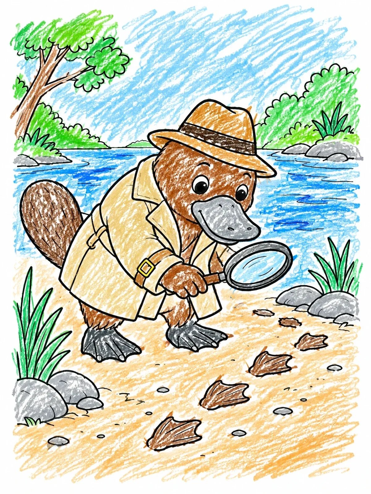 Colored example of the Detective Platypus Tracking Footprints By Riverbank coloring page