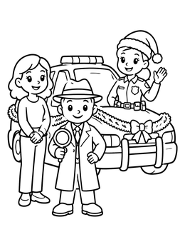 A festive police coloring page with an officer in a Santa hat, a detective, and a decorated car.