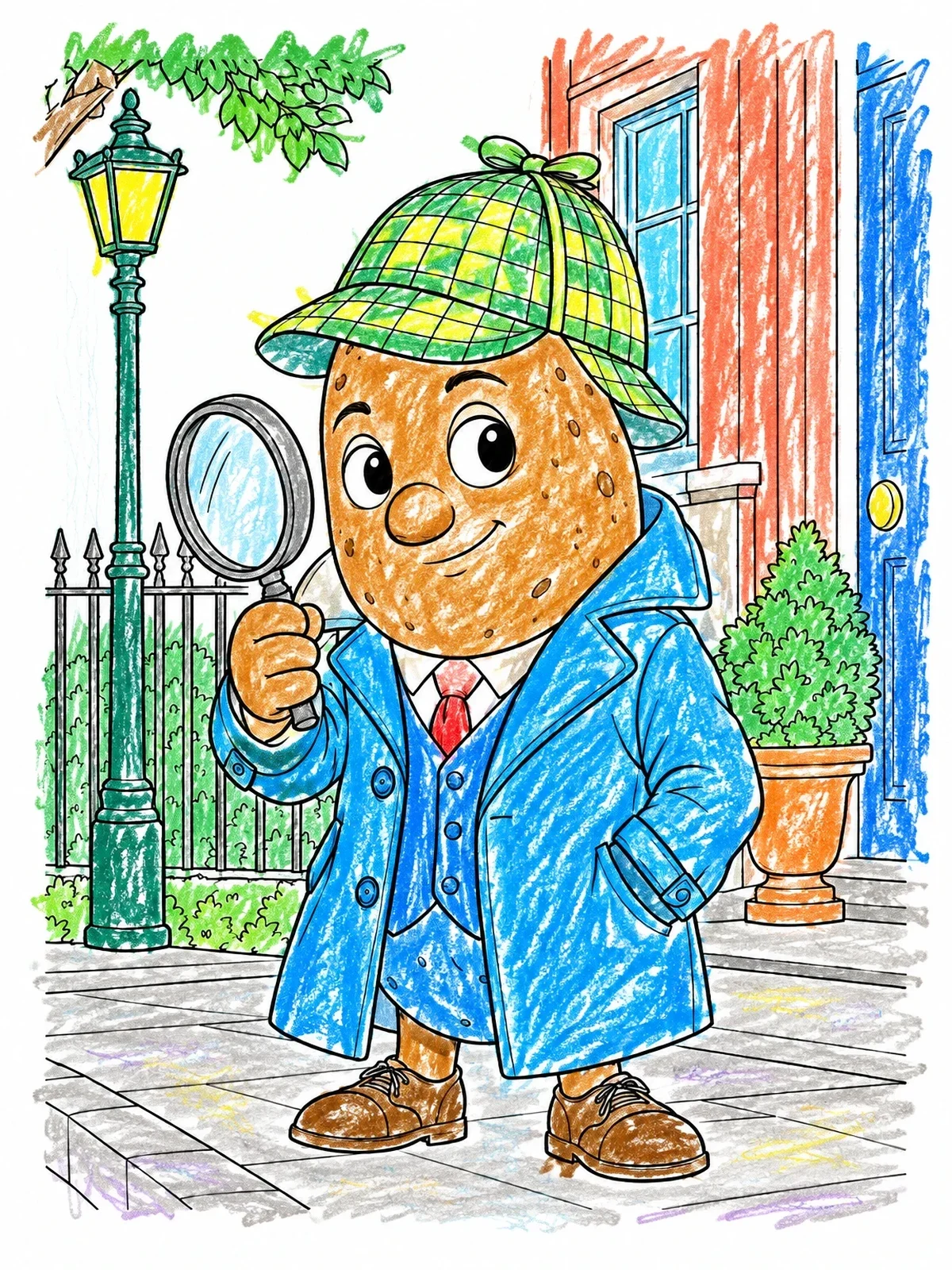 Colored example of the Detective Potato With Magnifying Glass coloring page
