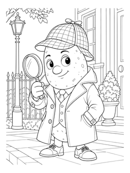A detective potato coloring page featuring a trench coat, hat, and magnifying glass.