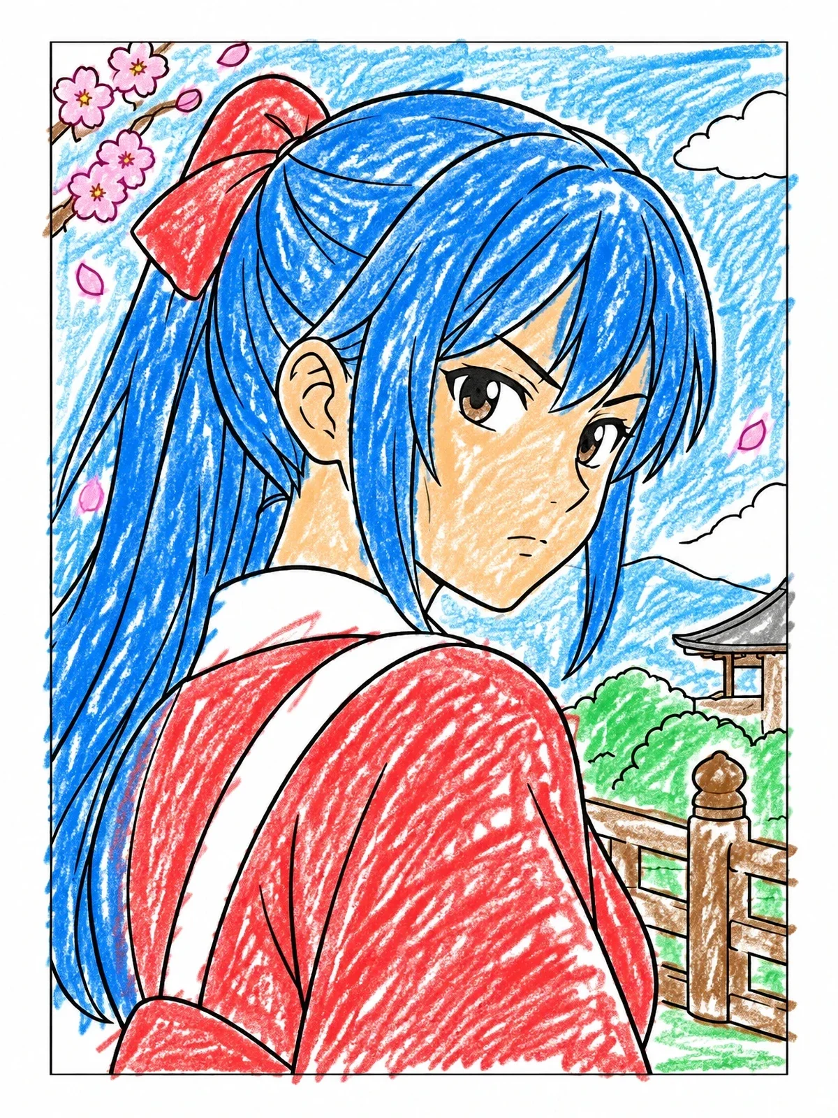 Colored example of the Determined Anime Girl Looking Back coloring page