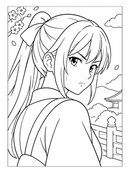 Focused anime eyes coloring page with a girl looking back outdoors.