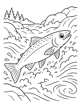 Free printable Determined Salmon Leaping Upstream Rapids coloring page