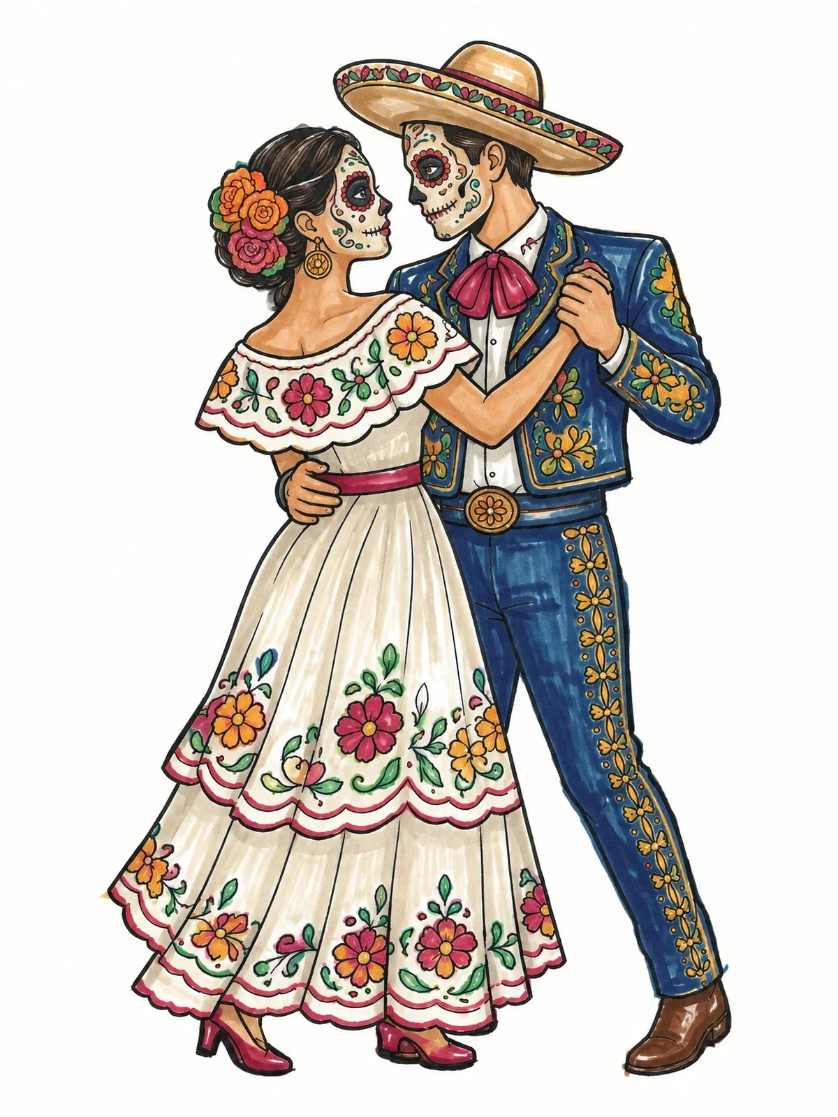 Colored example of the Dia De Los Muertos Dancing Couple coloring page