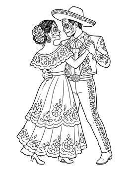 Sugar skull couple coloring page showing a dancing pair in festive traditional attire.
