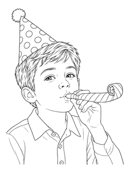 A festive dia del nino coloring page featuring a young boy blowing a party horn in a polka dot hat.