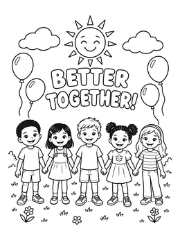 Happy kids holding hands under a smiling sun in this dia del nino coloring page.