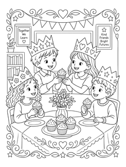 Children wearing paper crowns celebrate with treats on this dia del nino coloring page.