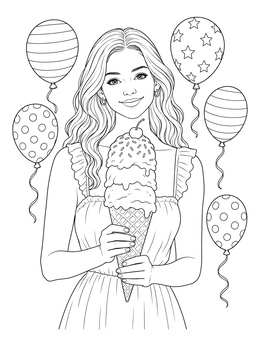 A smiling girl holding a huge ice cream cone with balloons in this dia del nino coloring page.