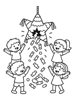 Free printable Children Cheering Under Falling Piñata Candies coloring page