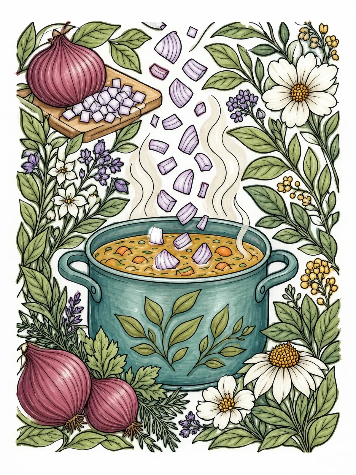 Colored example of the Diced Onions Dropping Into Soup Pot coloring page