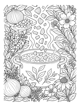 Detailed onion coloring page showing diced pieces falling into a steaming soup pot framed by herbs and flowers.