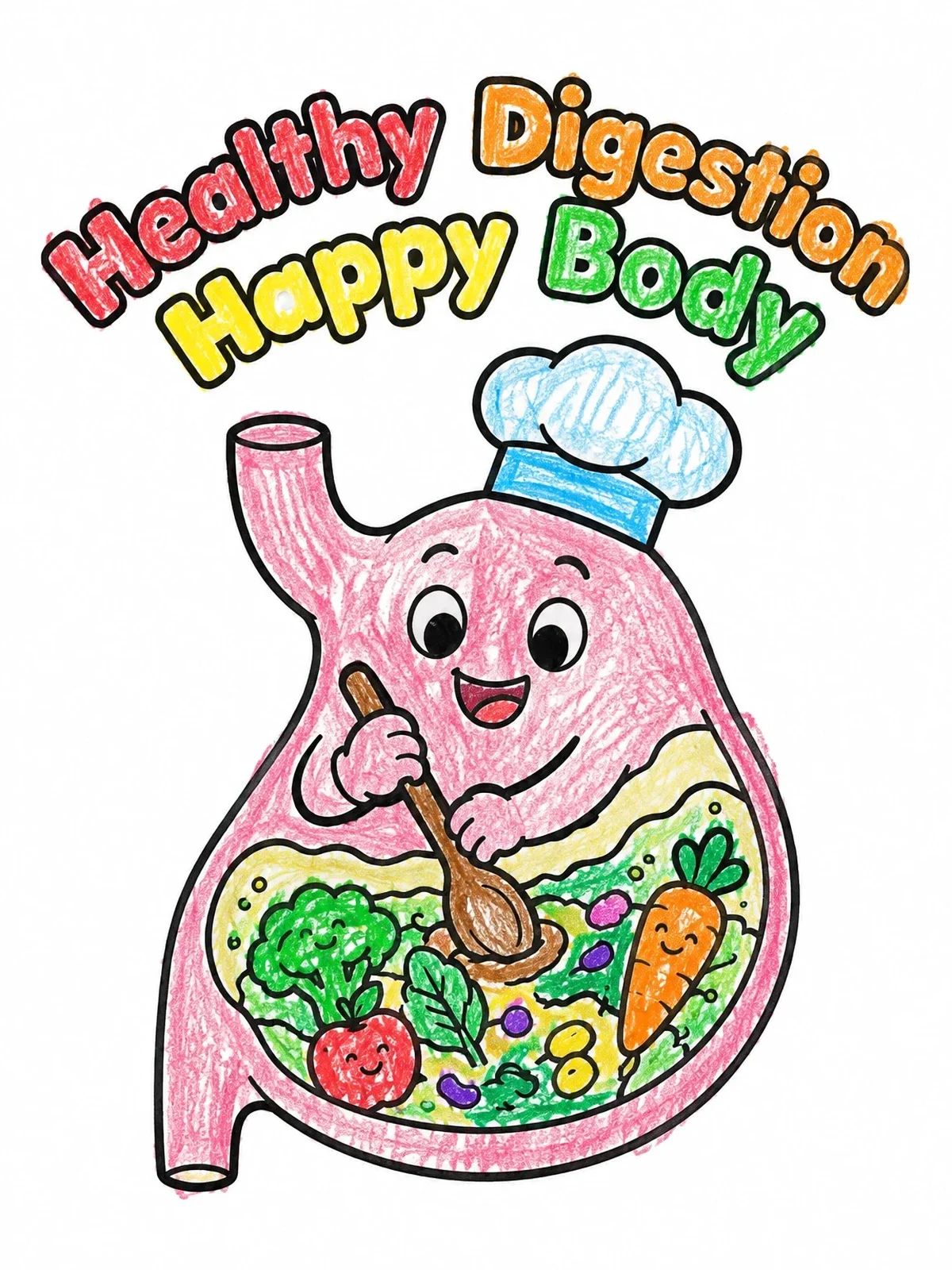 Colored example of the Chef Stomach Cooking Healthy Vegetables coloring page