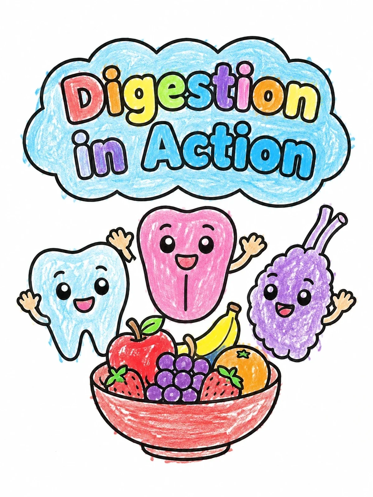 Colored example of the Digestion In Action With Fruit coloring page
