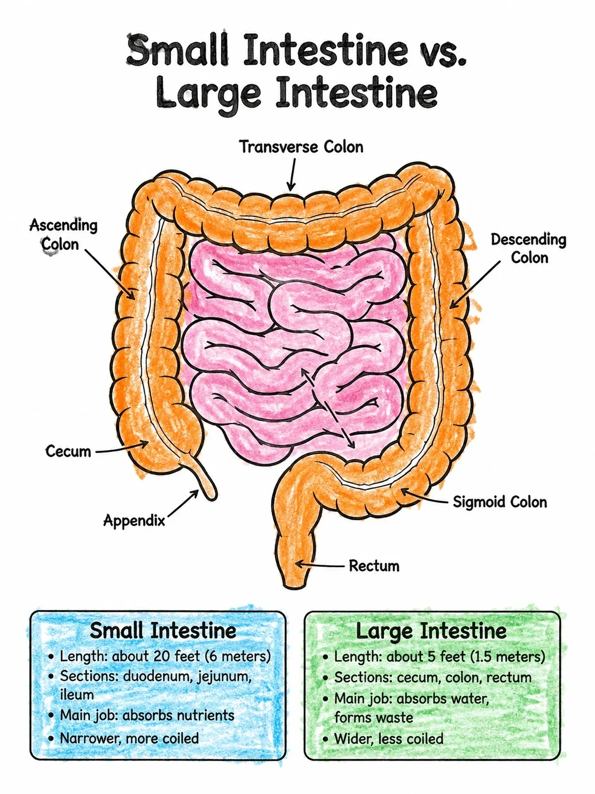Colored example of the Small Vs Large Intestine Anatomy Diagram coloring page