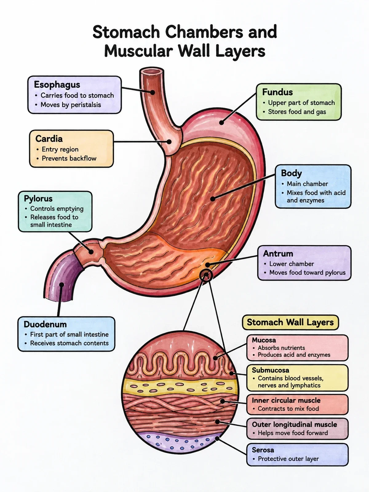 Colored example of the Stomach Anatomy And Wall Layers Diagram coloring page