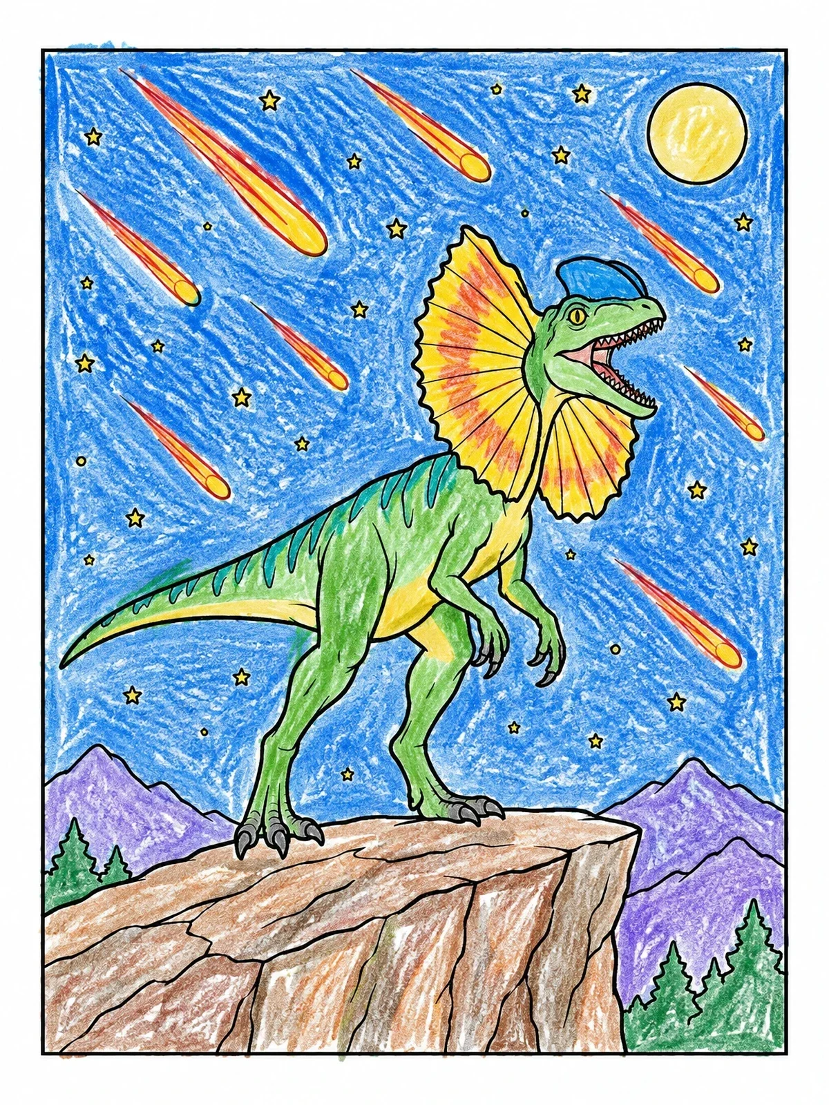 Colored example of the Dilophosaurus Under A Meteor Shower coloring page