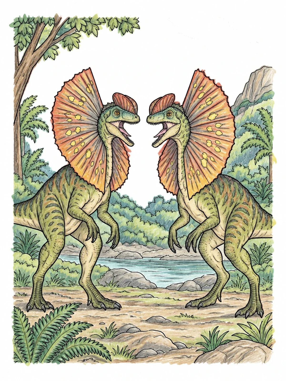 Colored example of the Dilophosaurus Display In Prehistoric Jungle coloring page